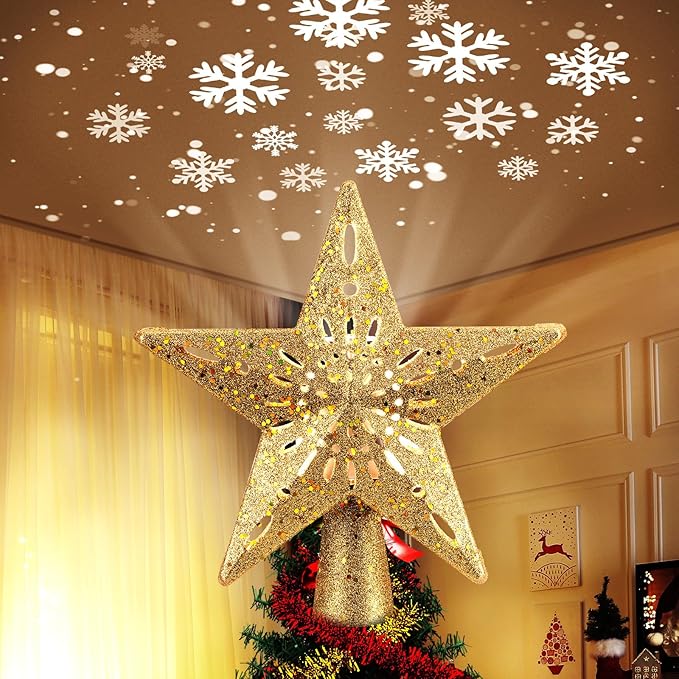 Christmas star tree topper with LED snowflake projector for holiday decoration