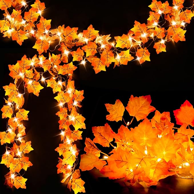 Fall Decor 2 Pack Lighted Fall Garland with 40 LED Lights, Perfect for Thanksgiving and Halloween Decorations