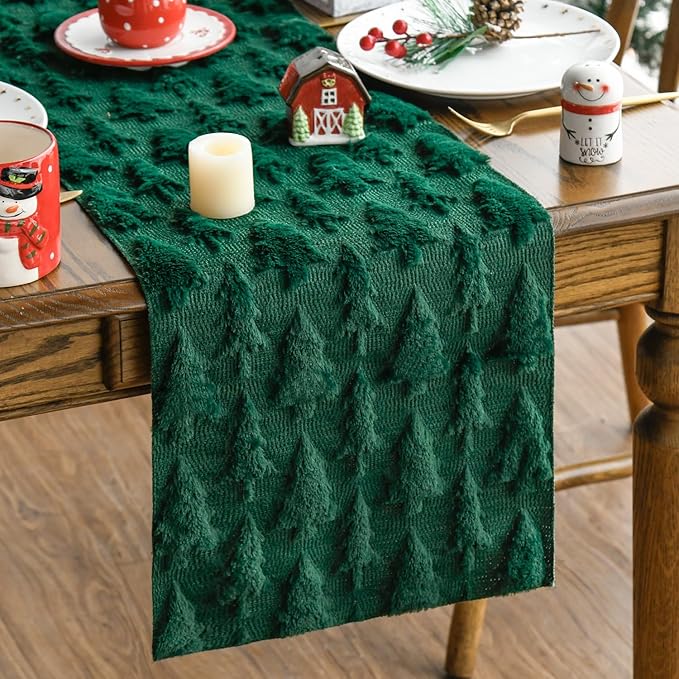 Artoid Mode Green Christmas Trees Soft Plush Faux Fur Jacquard Table Runner for holiday kitchen dining decoration.