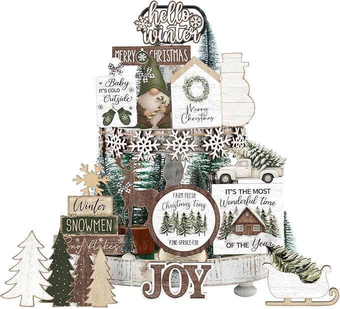 Vercraft Holiday Tiered Tray Decor with Christmas Truck and Wooden Signs for Farmhouse Table