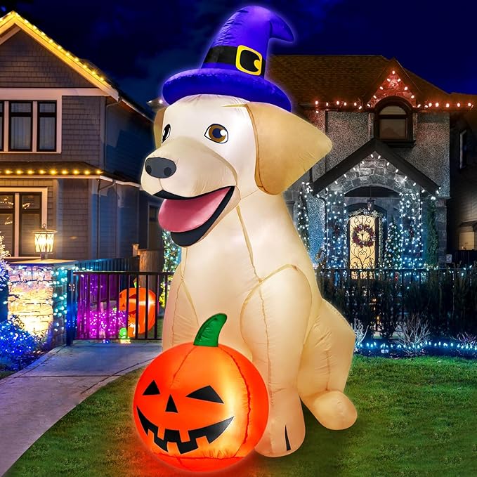 5Ft Halloween inflatables garden decorations with LED lights and witch hat, outdoor vivid lab dog.