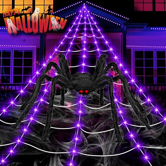 200 LED Halloween giant spider web lights for outdoor haunted house yard decor