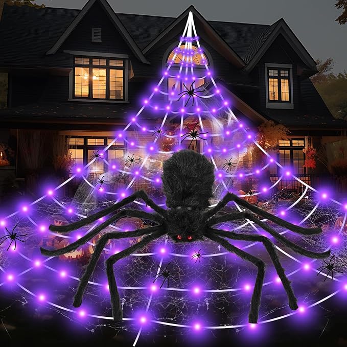 Spider Webs Halloween Decorations, 250 LED Outdoor Lights with Giant Spider, Waterproof, 8 Modes