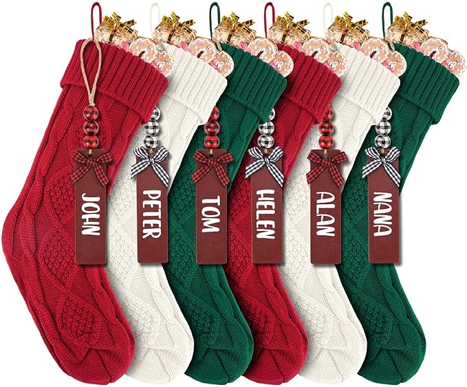 DigiGlow 6-pack Christmas stockings, large 18-inch, decorative stockings, cozy cable-knit design, festive home decor