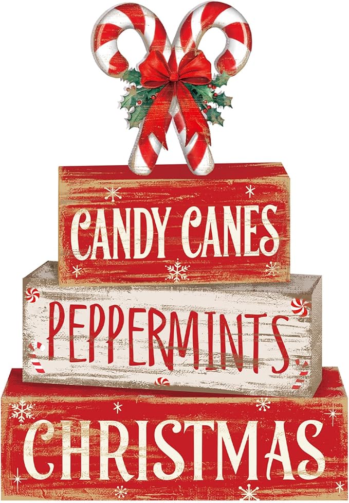 Moucuny 4 Pcs Christmas Table Sign, festive decor, winter centerpieces, farmhouse wooden block set, Candy Cane design
