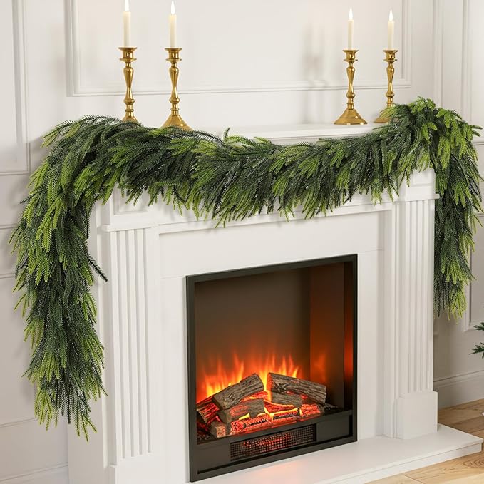 9FT Christmas Norfolk Pine Garland; Real Touch Artificial Greenery for Indoor/Outdoor Xmas Decorations