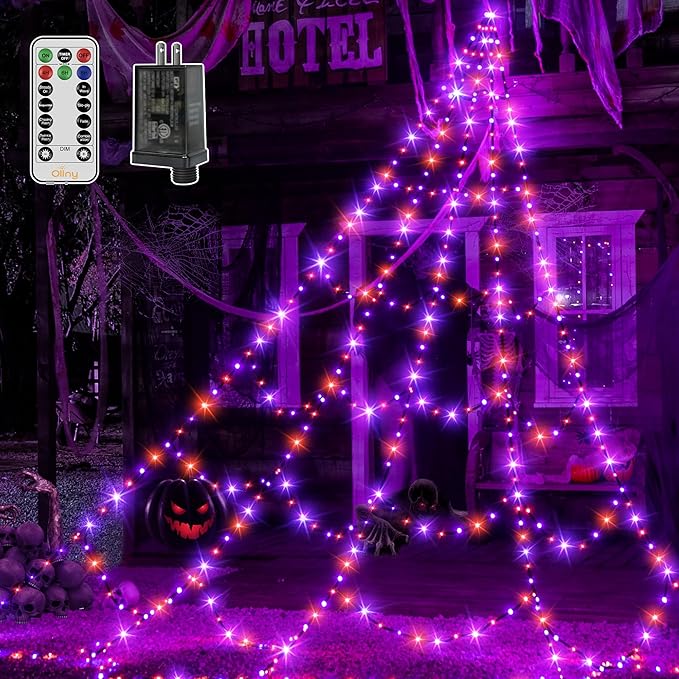 Ollny Halloween Lights 454 LED Spider Web Orange Purple Outdoor Decorations 8 Modes Timer Memory Function