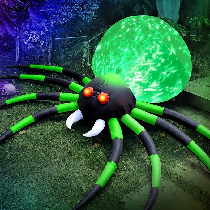 8FT Halloween inflatable spider decoration with rotating fire flame light for garden or yard