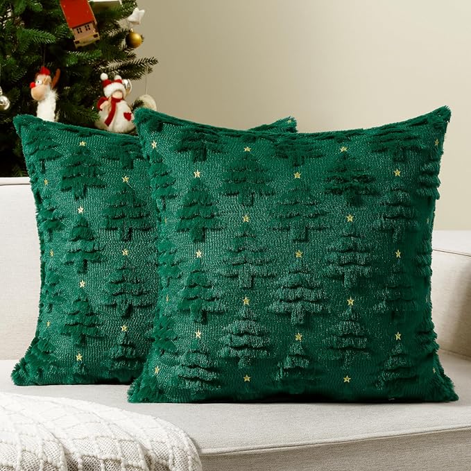 Softalker Christmas Throw Pillow Covers with 3D embroidery, green faux fur, festive home decor