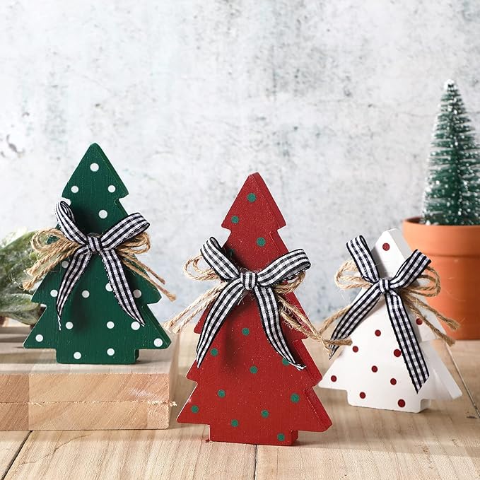 Rustic Christmas tree centerpiece, farmhouse wooden table decor, tiered tray decoration, polka dot style