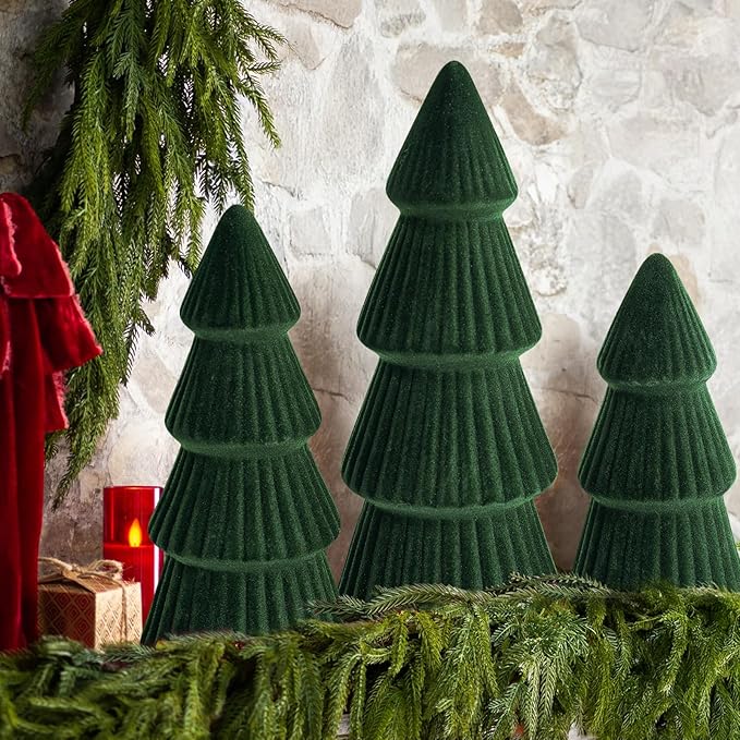 Velvet Ceramic Christmas Trees Set, Modern Holiday Decor, Indoor Green Centerpieces, Table and Mantel Decoration