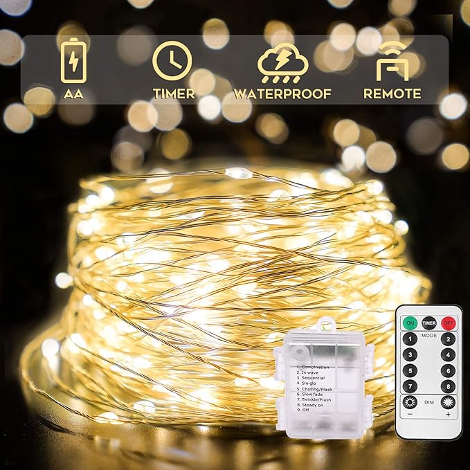 33ft 100 LED Outdoor String Lights, Warm White Fairy Lights for Bedroom, Backyard, Wedding Decor