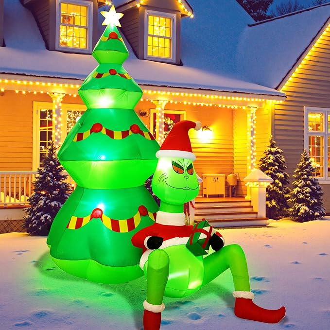 KOITHE 7FT Christmas Inflatable Monster Decoration with Gift Box, LED Lights, Outdoor Festive Yard Decor