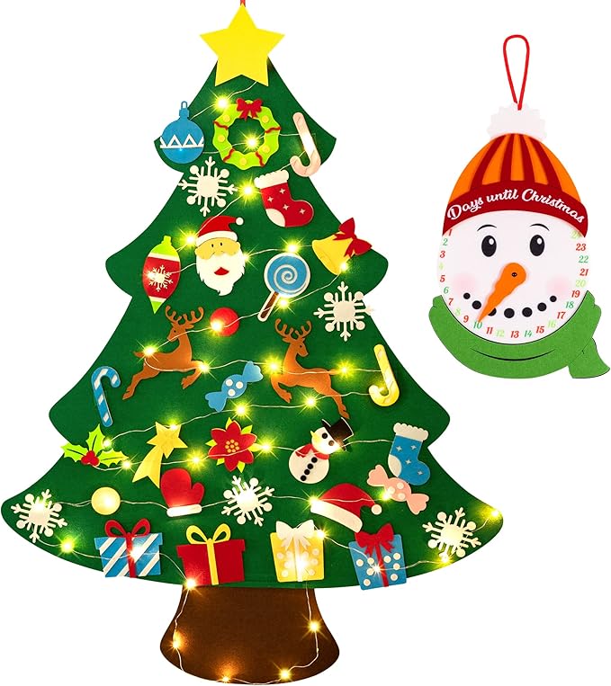 3ft DIY Felt Christmas Tree Set, Snowman Advent Calendar Xmas Decorations, 33 Ornaments for Kids