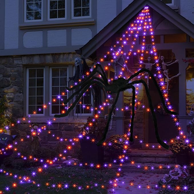 Halloween Spider Web Lights, 455 LED Giant Spider Web Decoration, Outdoor Light Up, Purple & Orange