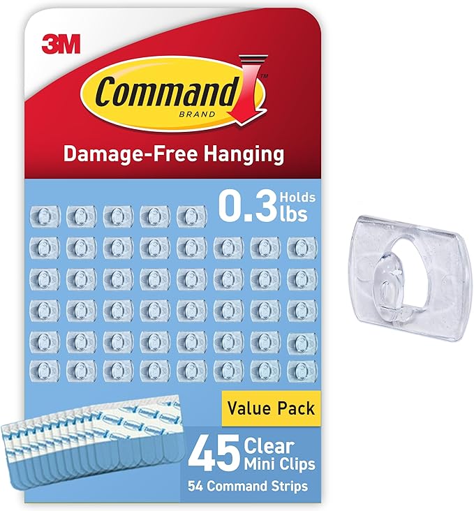 Command Indoor Mini Light Clips for damage-free hanging of Christmas lights and decorations, 45 clear clips, 54 strips