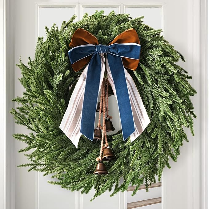 22 Inch Norfolk Pine Christmas Wreath with Bells and Ribbon for Home Decor