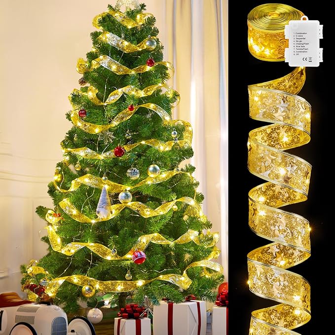 Gold Christmas Tree Ribbon String Lights 33ft, 100 LED Battery Powered with Timer Perfect for Festive Decor