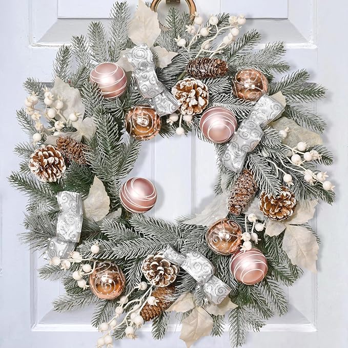 20 inch Christmas wreath with balls, bow ribbon, berries and pine cones for front door decoration
