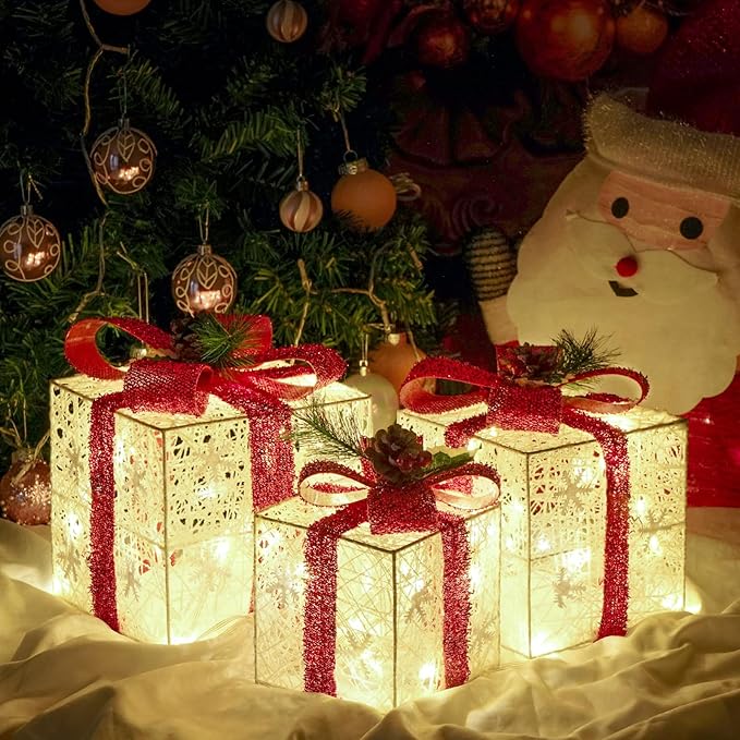 Christmas decorations lighted gift boxes battery operated warm white LED for indoor Xmas tree yard decor