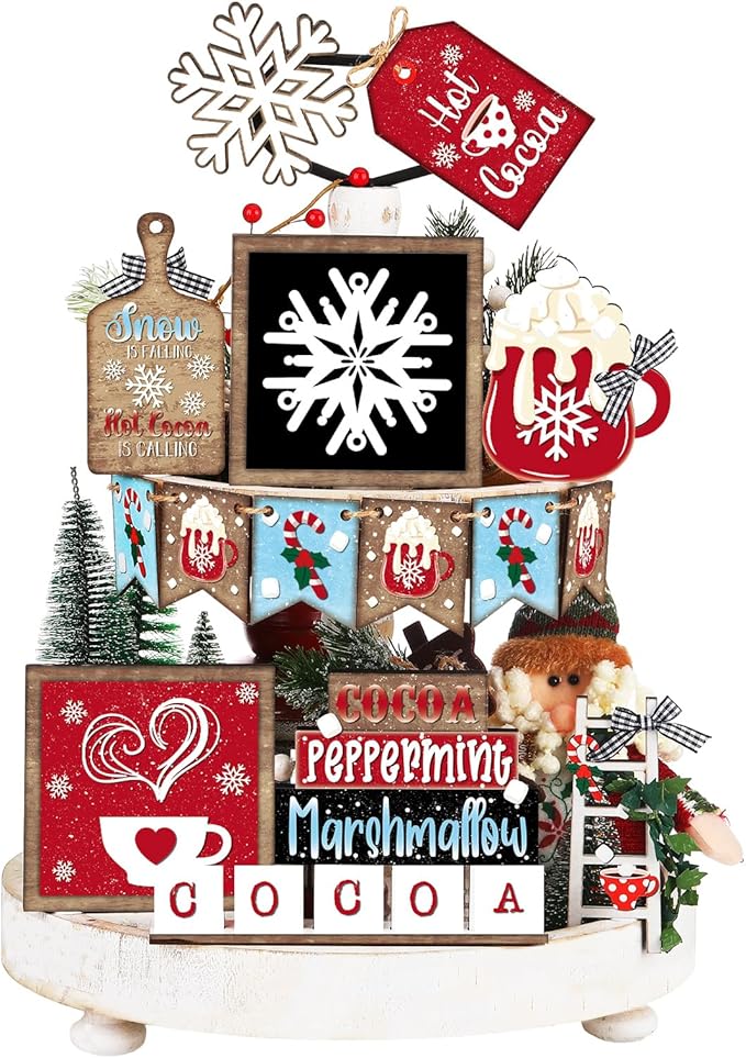 14 Piece Christmas Tiered Tray Decor Set; rustic farmhouse wooden sign; holiday table decorations.