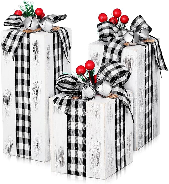 Amyhill 3 Pcs Christmas Wooden Gifts Box Decor with Buffalo Plaid for Rustic Holiday Table Centerpiece