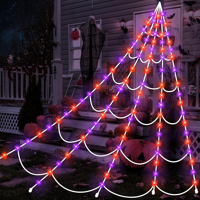 Halloween Spider Web Lights 150 LED in Purple & Orange for Outdoor Indoor Decorations
