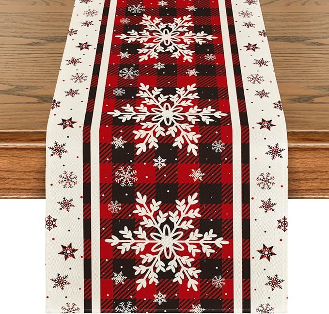Artoid Mode Buffalo Plaid Snowflakes Christmas Table Runner 13x72 Inch for home party decor