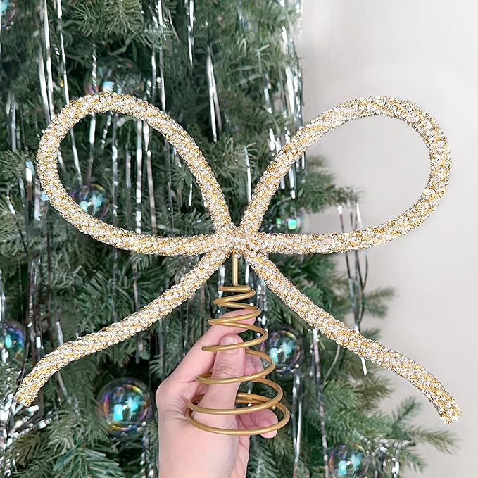 Gold Rhinestone Bow Tree Topper for Christmas; Indoor Outdoor Xmas Decoration; Elegant Holiday Ornament