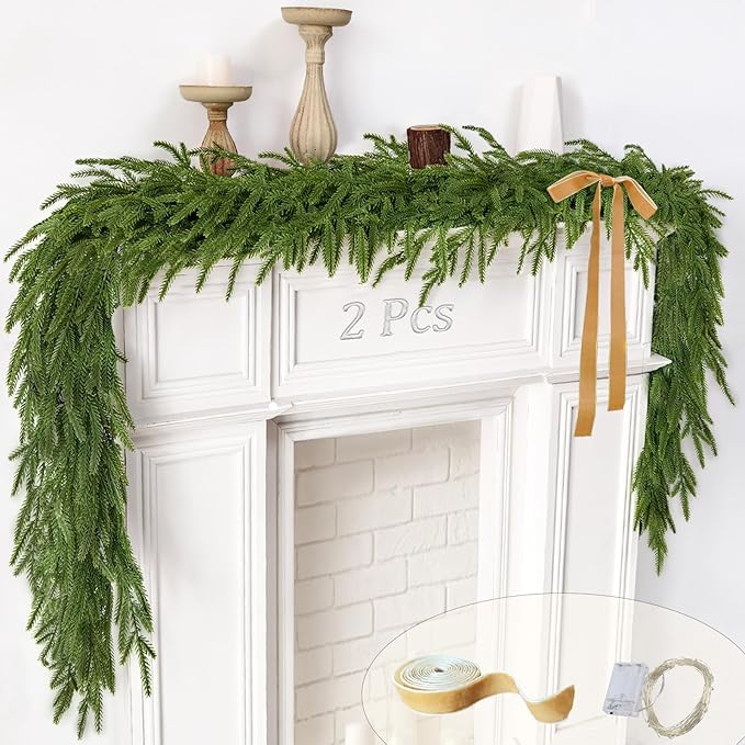 6 Ft Christmas Garland with Lights, Realistic Norfolk Pine, Cedar Garland for Indoor Outdoor Decor