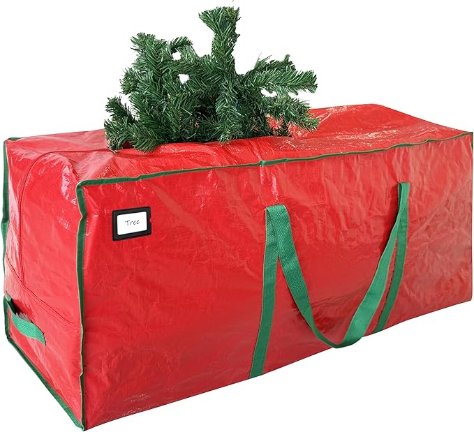 7.5 ft heavy duty Christmas tree storage bag with reinforced handles and wide opening in red