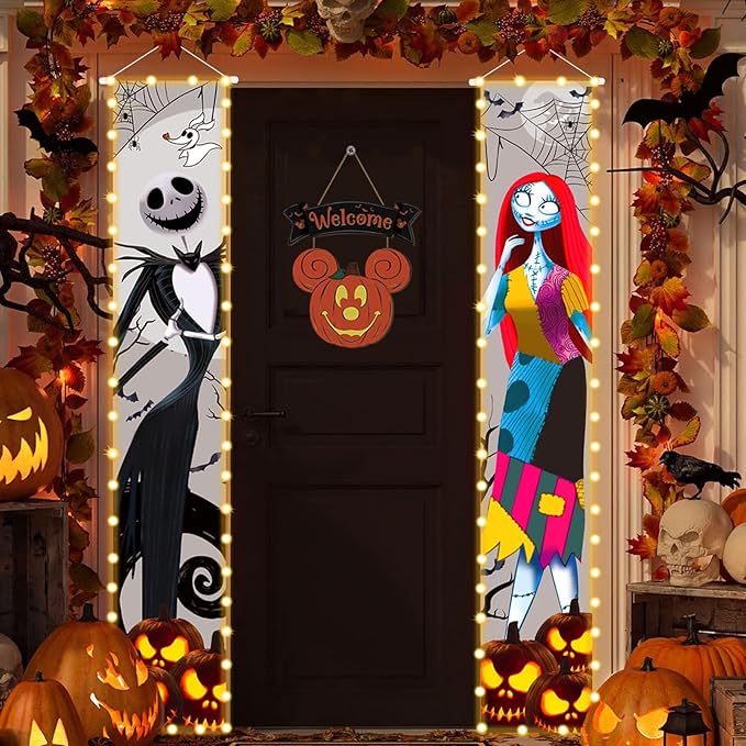 Nightmare Before Christmas Halloween decor Jack Skellington Sally lighted banners porch sign outdoor party