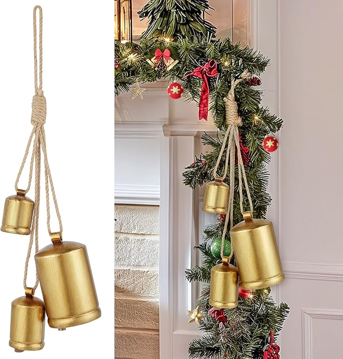 Set of 3 Vintage Christmas Gold Bells with Jute Rope - Holiday Decor Essential