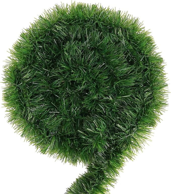 50Ft Green Garland Christmas Decorations, lush Xams tinsel, indoor outdoor holiday decor, fireplace, trees, doors.