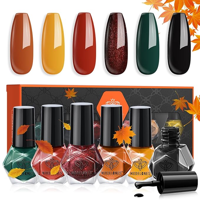 Modelones Nail Polish Set with 6 Vibrant Fall Winter Colors: Yellow, Orange, Black, Green Quick Dry, Long Lasting