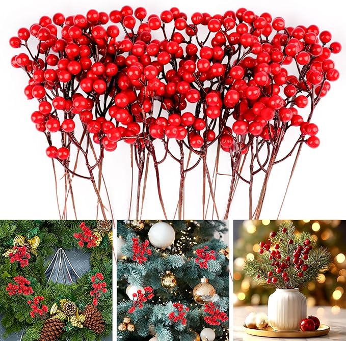 Artificial Red Berry Stems for Christmas tree decoration, perfect holiday craft embellishments