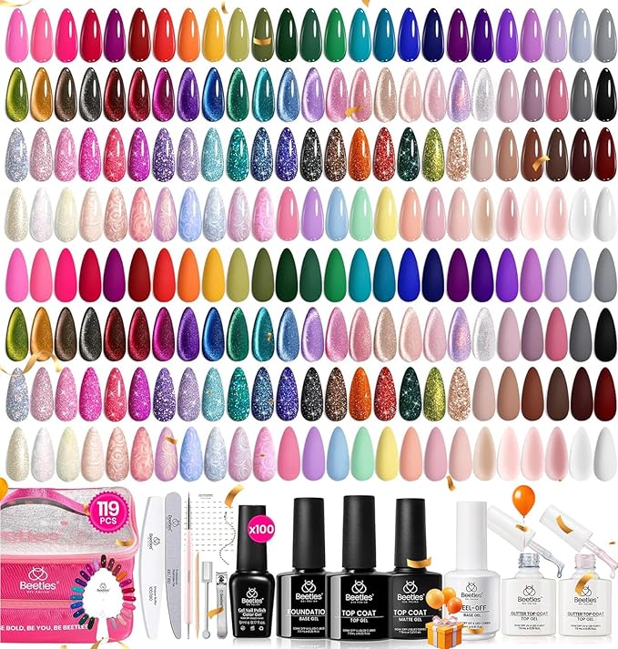 Beetles Fall Nail Fest Gel Nail Polish Set - 100 Colors, Base Glossy Matte Glitter Top Coat, Perfect for Stunning Nail Art Designs