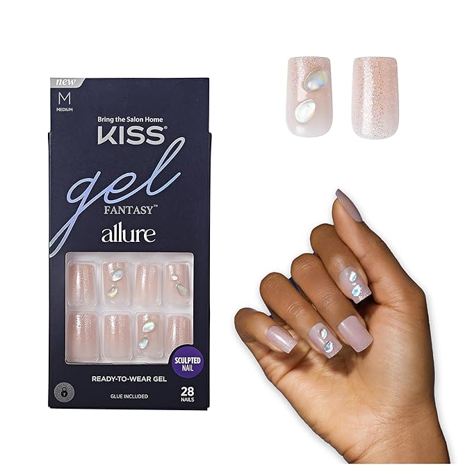 KISS Gel Fantasy Allure Pink 3D Press On Waterproof Nails, Glamorous Nail Kit