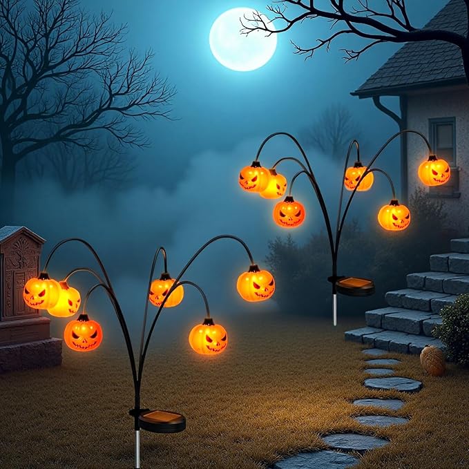 Solar Halloween Lights Outdoor Waterproof Pumpkin Lamps 2 Pack for Garden, Yard, Party Decorations