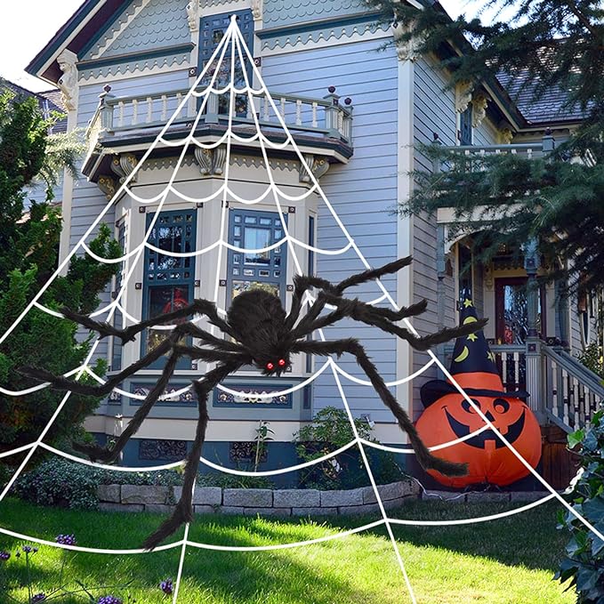 Halloween spider web and giant spider decorations for indoor and outdoor spooky decor.