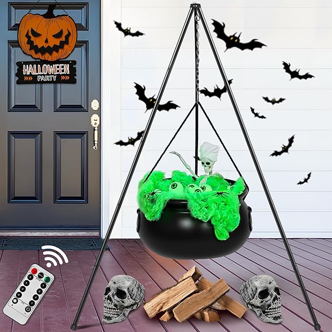 Halloween decorations large witches cauldron with tripod, skeleton, eyeballs, string lights for yard patio lawn.