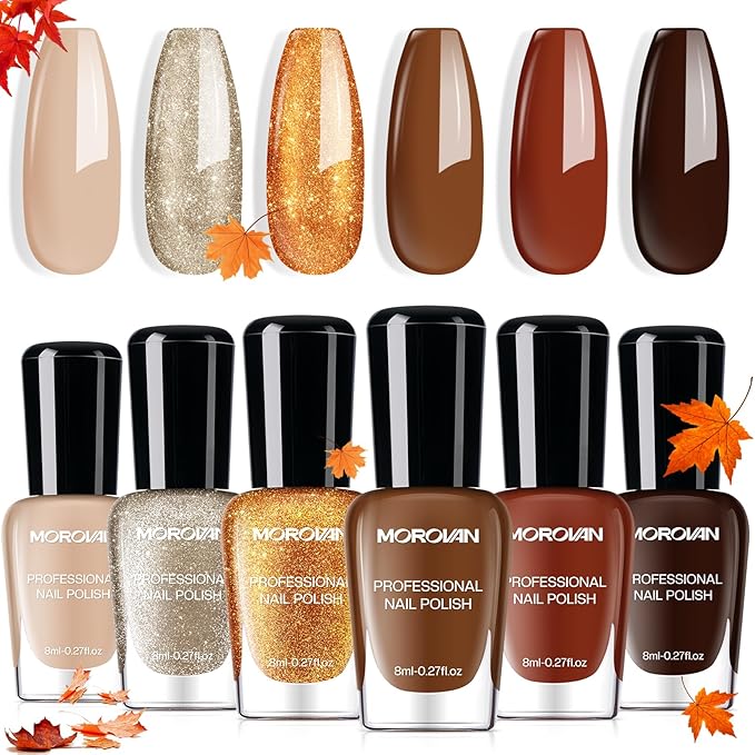 Morovan Fall Nail Polish Set with Dark Brown, Burnt Orange, Chocolate Mocha for DIY Manicure.