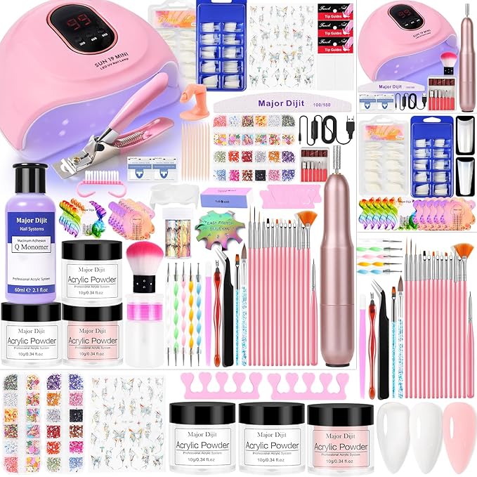 Comprehensive acrylic nail kit with UV light, nail drill, and decoration for beginners and home salons.