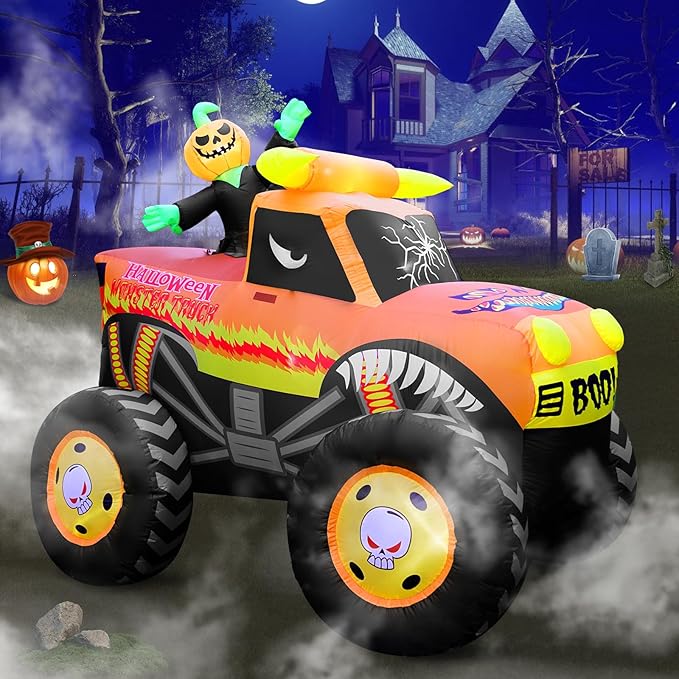 PARAYOYO 8FT Halloween Inflatable Pumpkin Monster Truck with LEDs for Outdoor Lawn Decor