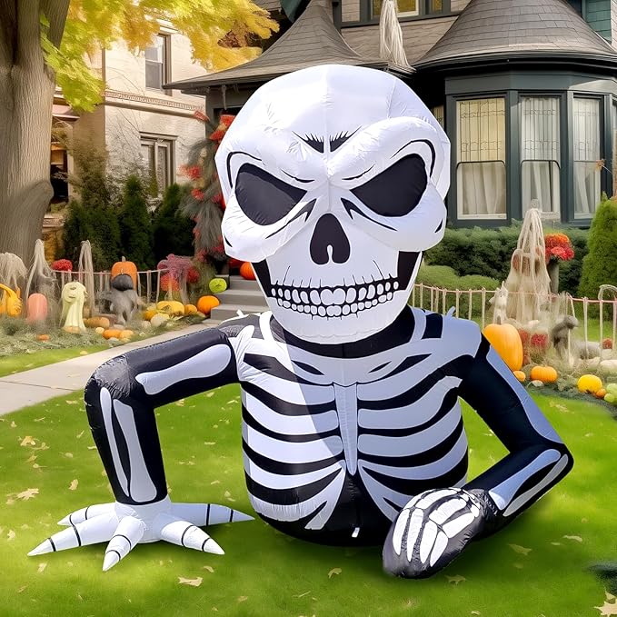 6 ft Halloween inflatable skeleton skull with LED lights for spooky lawn decor