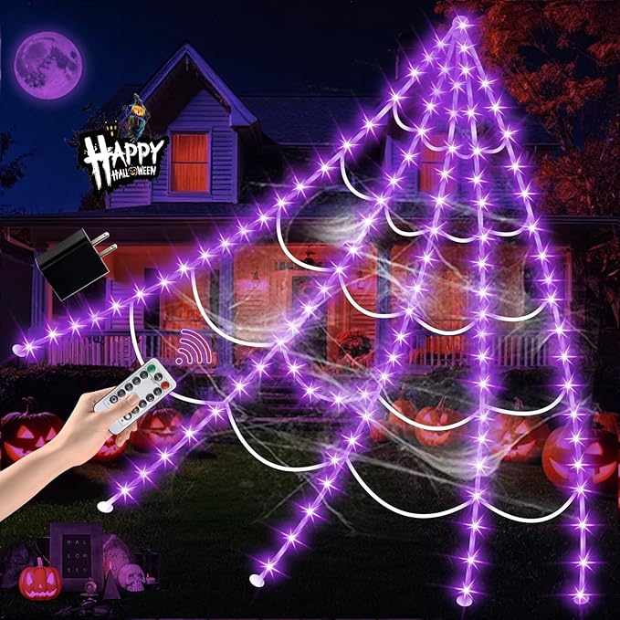 Purple Halloween decorations outdoor with 250 LED spider web lights, waterproof and 8 lighting modes.