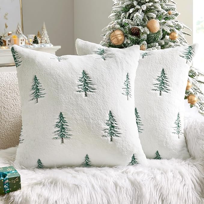 MIULEE faux fur pillow covers with embroidered tree, Christmas decor, cozy luxury, soft cushion covers