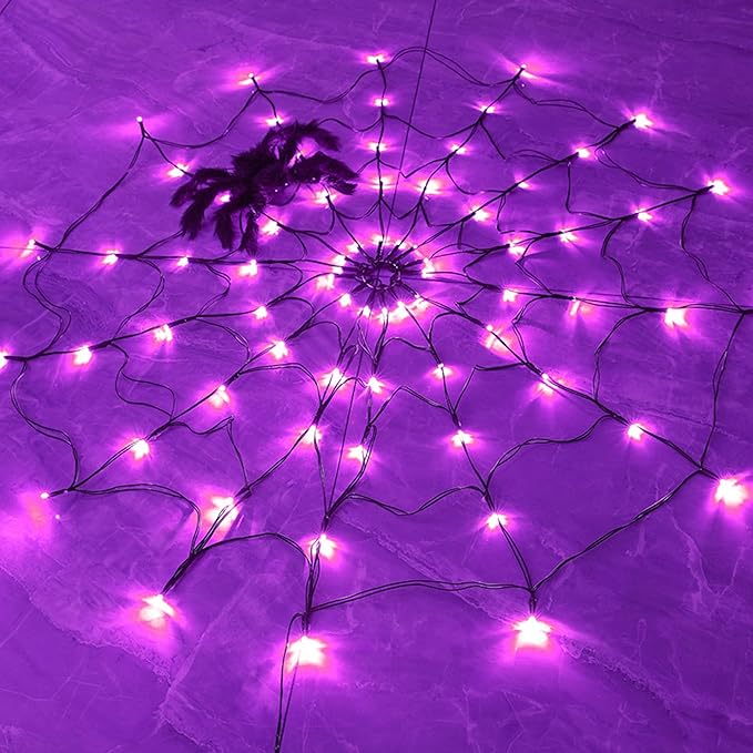 Purple Halloween spider web LED lights with battery power and 8 modes, perfect for spooky decorations.