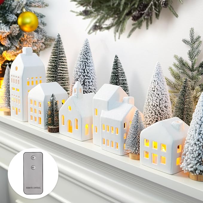 Christmas village set, ceramic houses with LED lights, rustic farmhouse winter holiday decor, indoor decorations