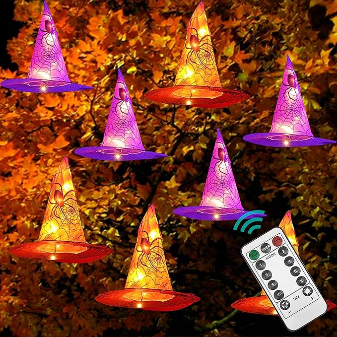 Dazzle Bright 8 pcs hanging witch hat string lights for Halloween outdoor decorations, remote-controlled and waterproof.